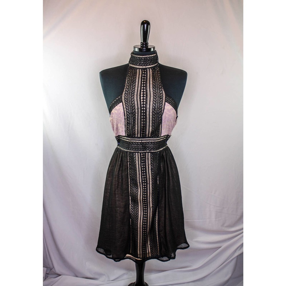 Venus Dress Black Dusty Pink Lace Sleeveless High Neck Halter Top Size XS